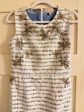 Moiselle White and Light Blue Embellishments Sleeveless Shift Dress